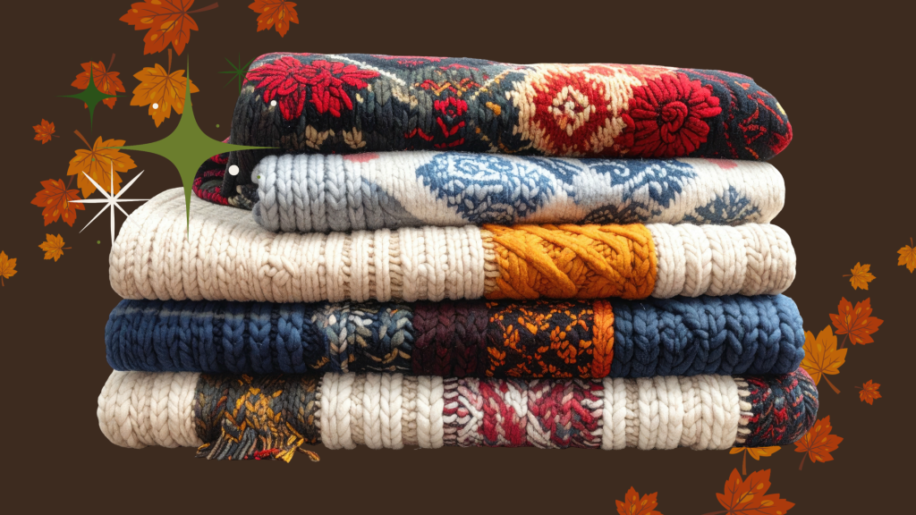 A stack of knitted blankets on a brown background. Leaves and light burst elements as image decoration. 