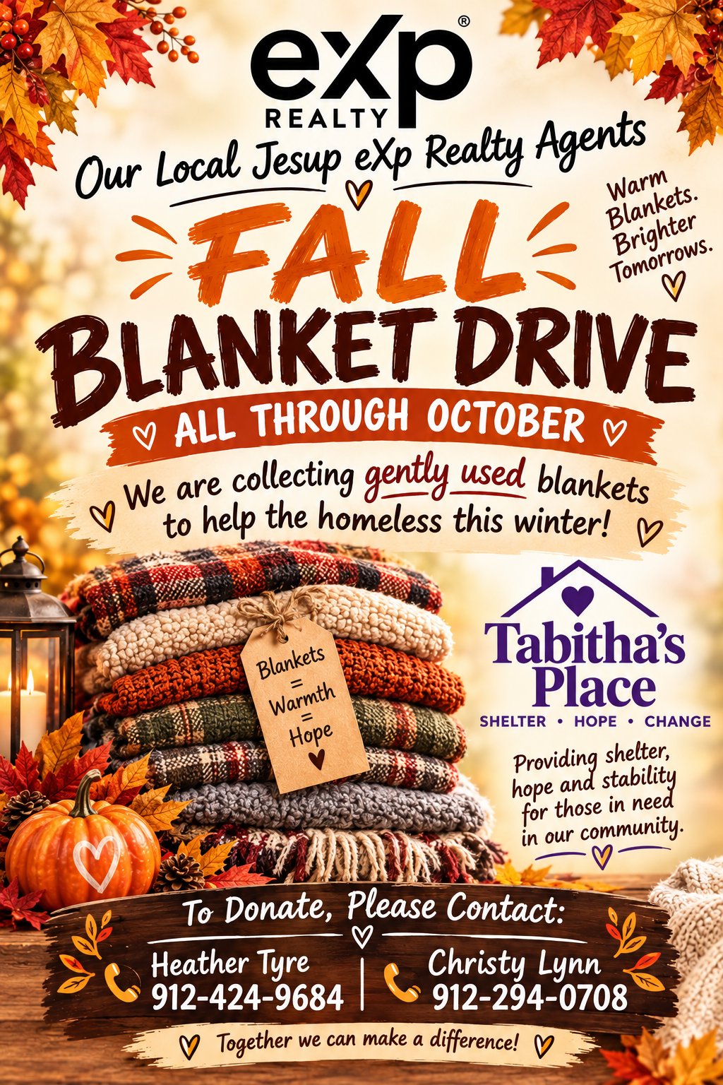 Fall Blanket Drive poster from Jesup eXp Realty agents benefiting Tabitha’s Place, collecting gently used blankets all through October.